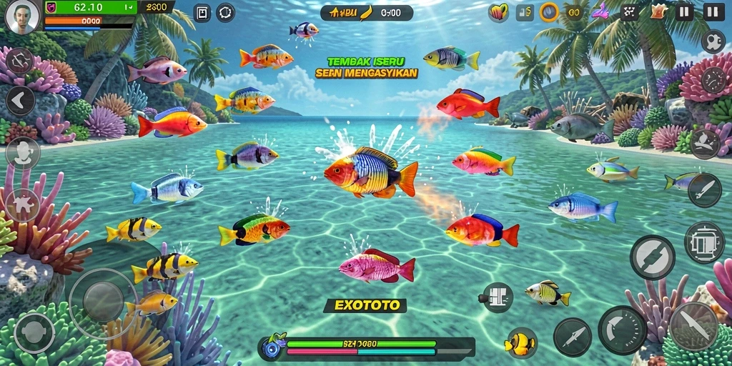 Tampilan gameplay EXOTOTO yang seru saat menembak ikan.