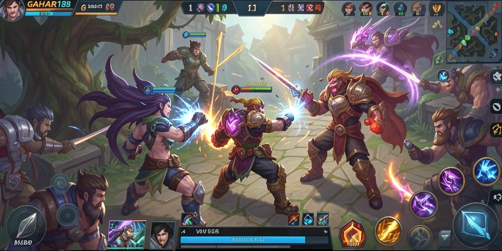 Screenshot gameplay MOBA menunjukkan pertarungan seru di GAHAR188.