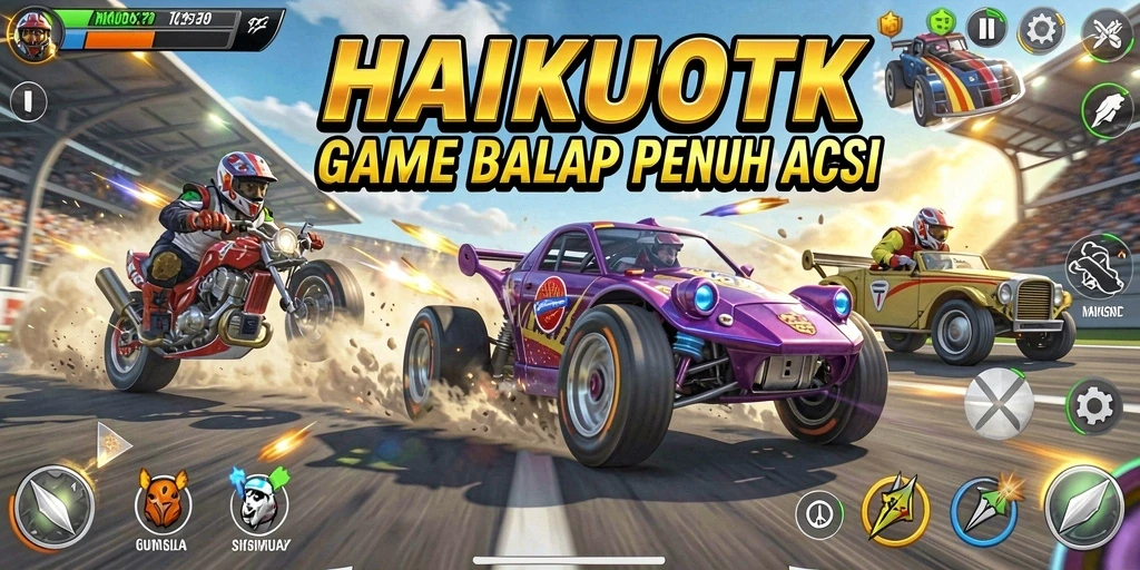 Tangkapan layar HAIKUOTK menampilkan aksi balapan yang seru.