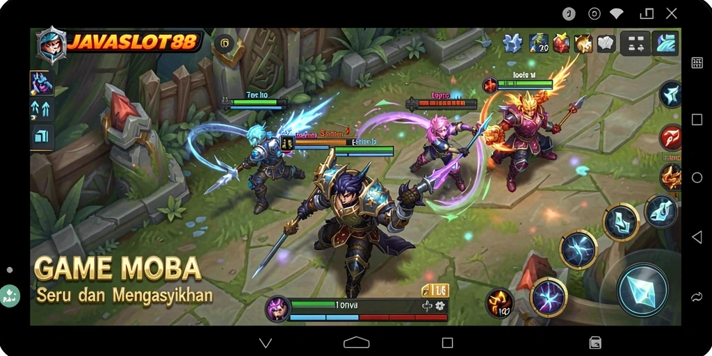 Tangkapan layar gameplay seru JAVASLOT88 dengan pertarungan tim.
