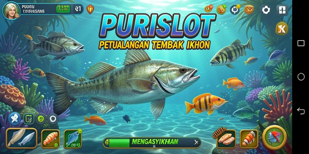 Screenshot gameplay PURISLOT menampilkan aksi tembak ikan yang seru.