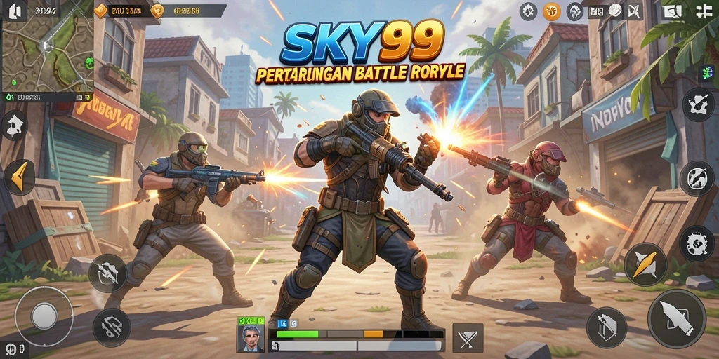 Menampilkan aksi seru di battlefield <strong>SKY99</strong> dengan gameplay Battle Royale.