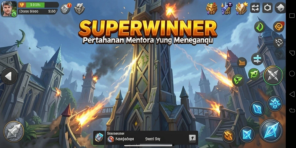 Tampilan menara dan musuh dalam gameplay SUPERWINNER yang dinamis.