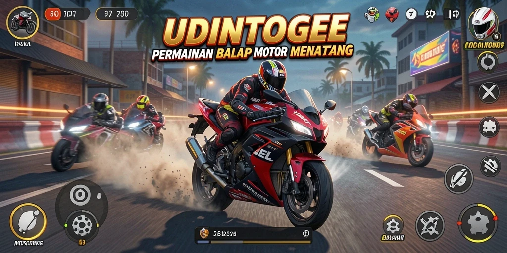 Tangkapan layar utama game UDINTOGEL menampilkan balapan motor yang mendebarkan.